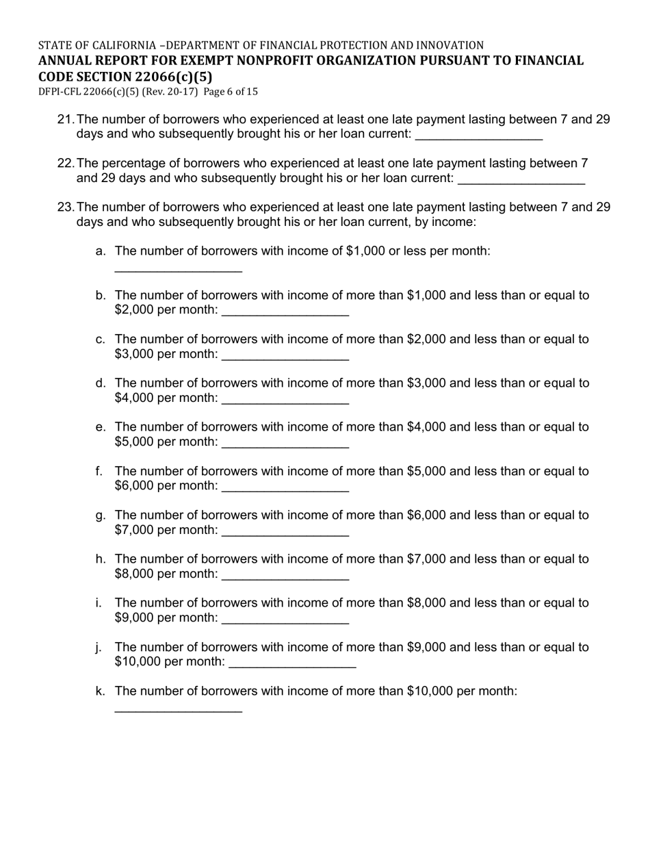 Form DFPI-CFL22066(C)(5) Annual Report for Exempt Nonprofit Organization Pursuant to Financial Code Section 22066(C)(5) - California, Page 6