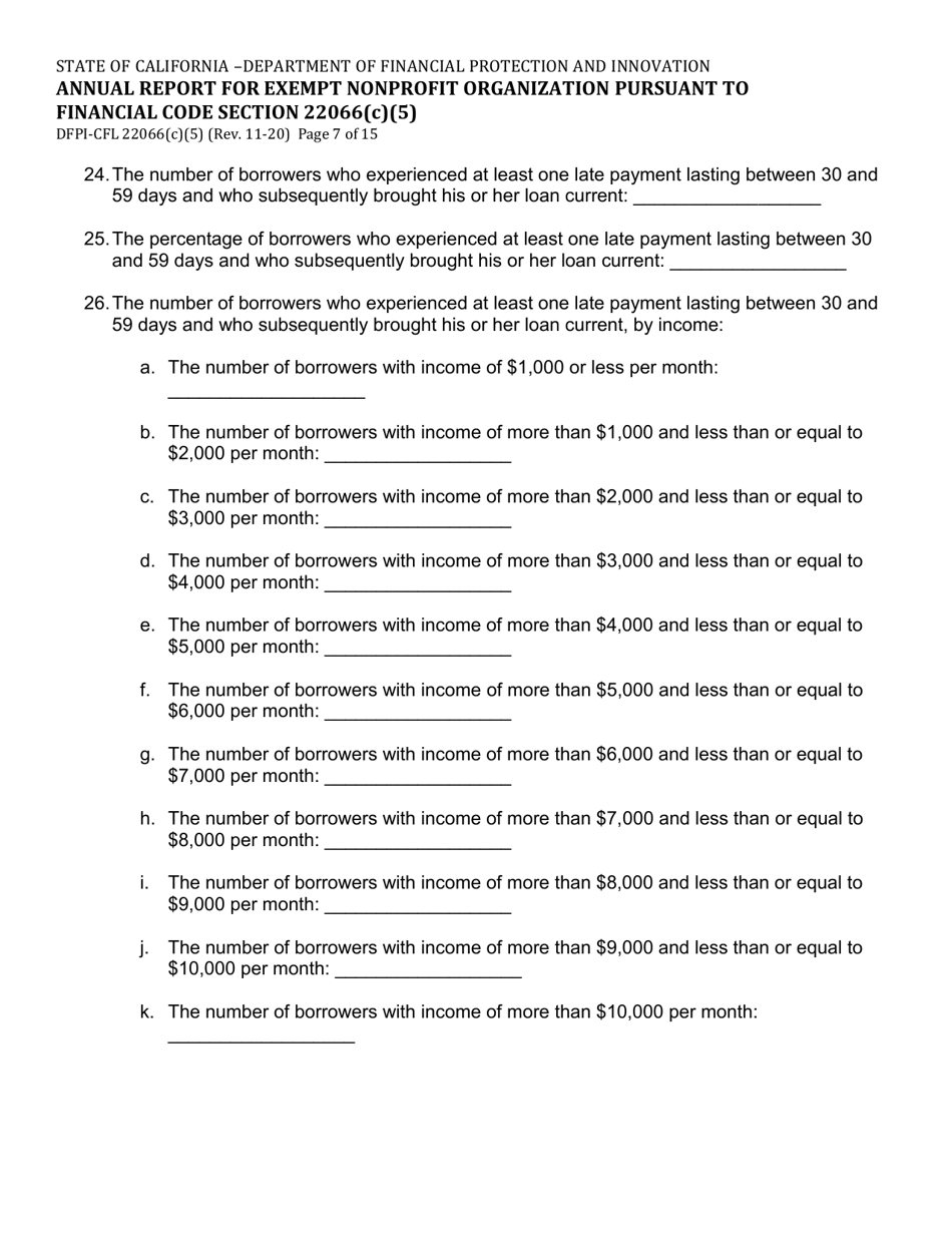 Form DFPI-CFL22066(C)(5) Annual Report for Exempt Nonprofit Organization Pursuant to Financial Code Section 22066(C)(5) - California, Page 7
