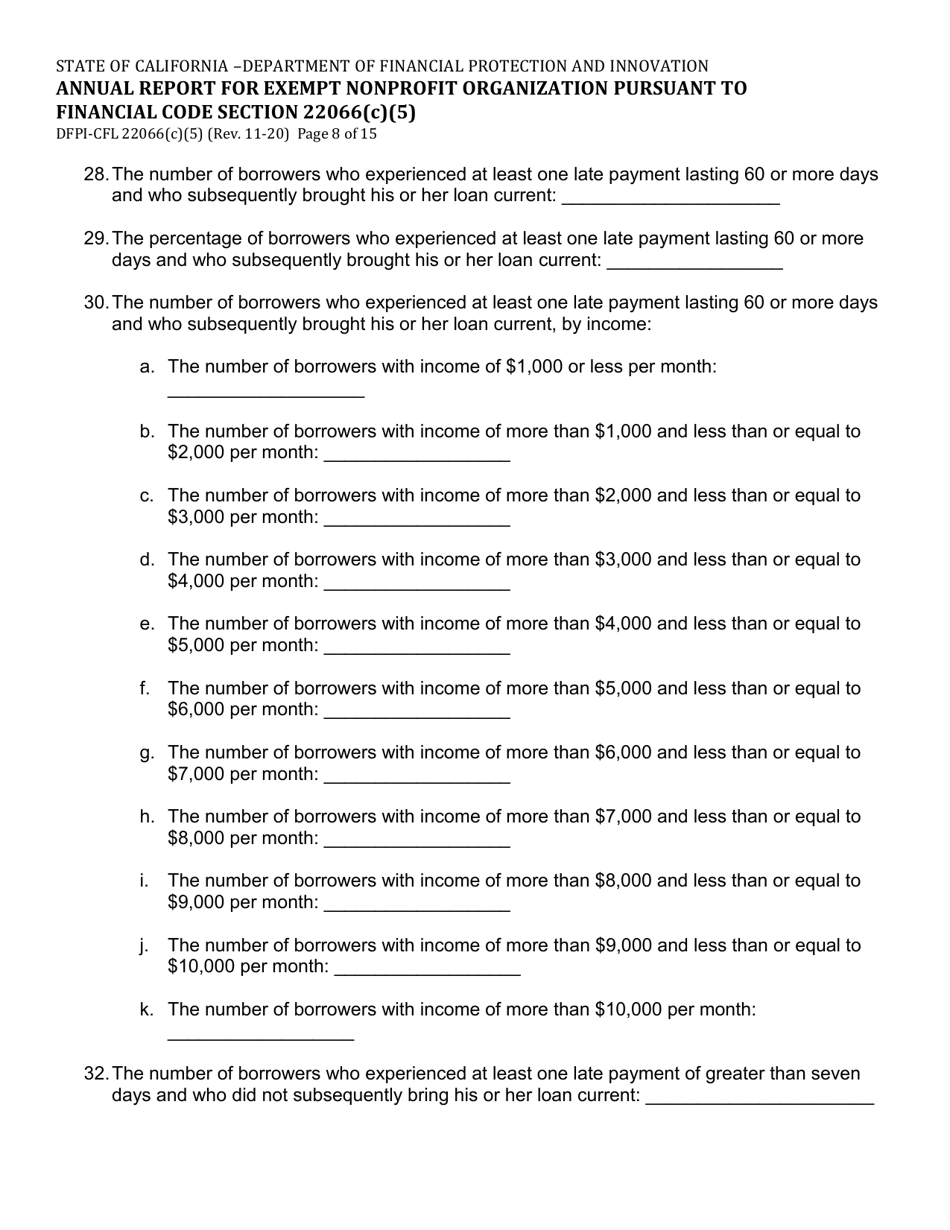 Form DFPI-CFL22066(C)(5) Annual Report for Exempt Nonprofit Organization Pursuant to Financial Code Section 22066(C)(5) - California, Page 8