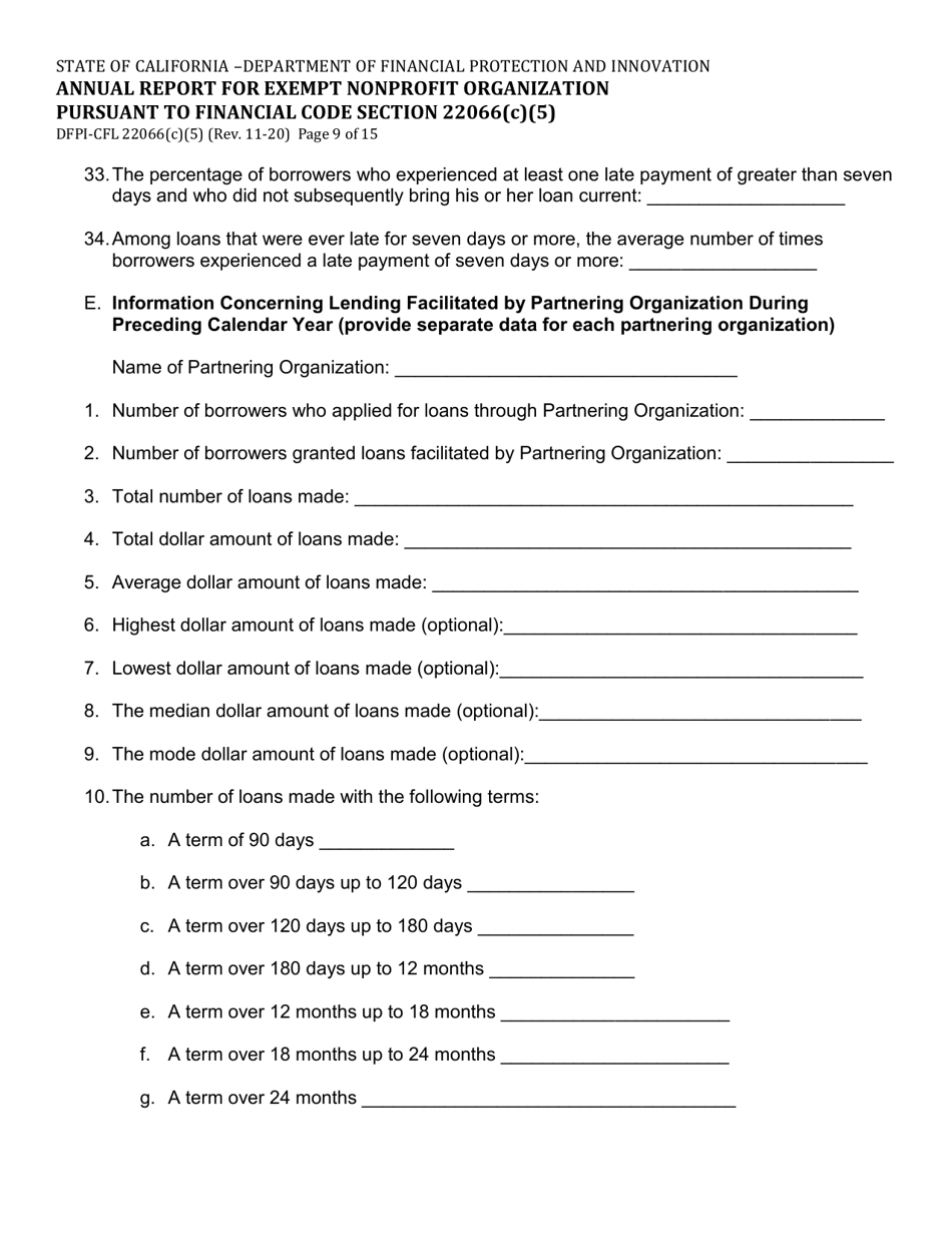 Form DFPI-CFL22066(C)(5) Annual Report for Exempt Nonprofit Organization Pursuant to Financial Code Section 22066(C)(5) - California, Page 9
