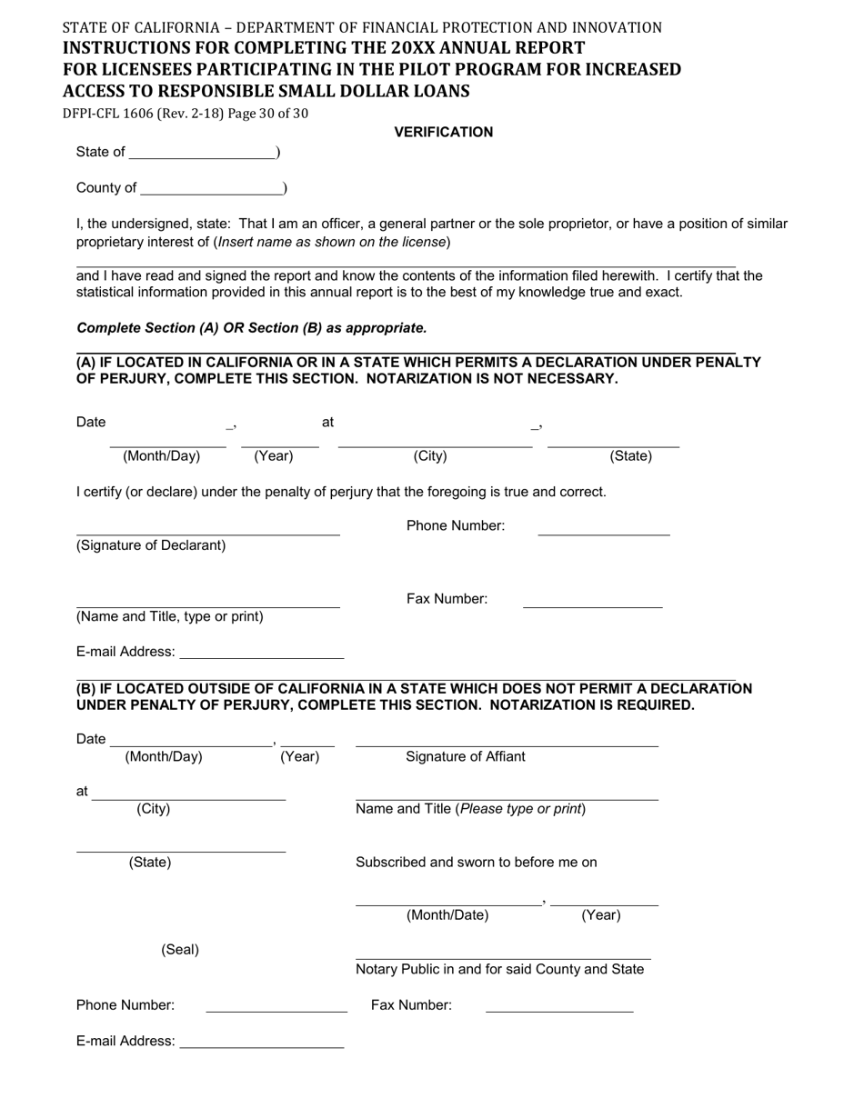 Form DFPI-CFL1606 Annual Report for Licensees Participating in the Pilot Program for Increased Access to Responsible Small Dollar Loans - California, Page 30