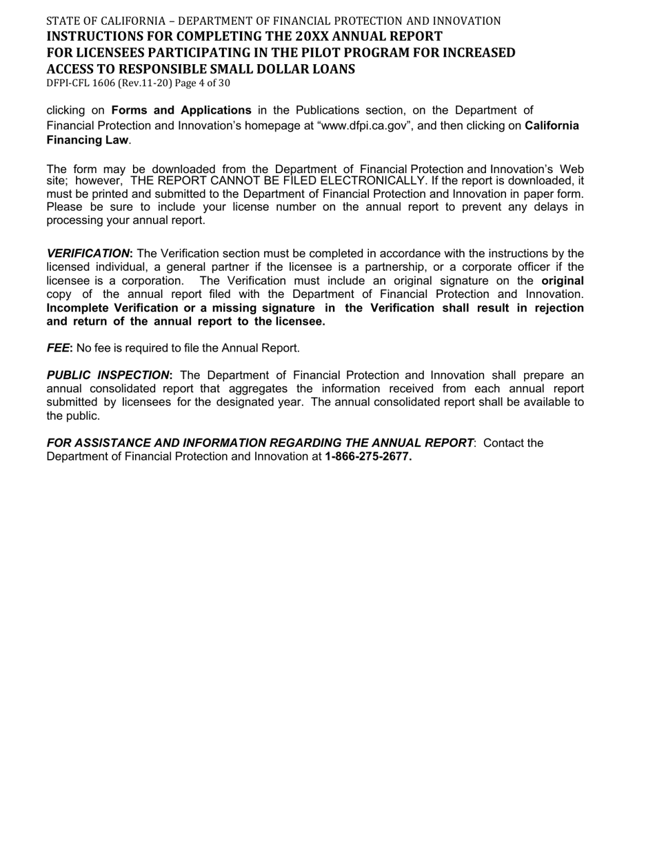 Form DFPI-CFL1606 Annual Report for Licensees Participating in the Pilot Program for Increased Access to Responsible Small Dollar Loans - California, Page 4
