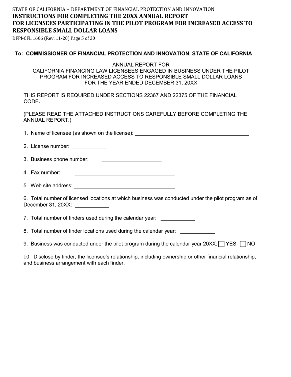 Form DFPI-CFL1606 Annual Report for Licensees Participating in the Pilot Program for Increased Access to Responsible Small Dollar Loans - California, Page 5