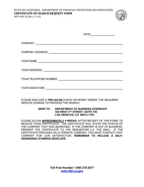 Form DFPI-DOC26 Certificate of Search Request Form - California