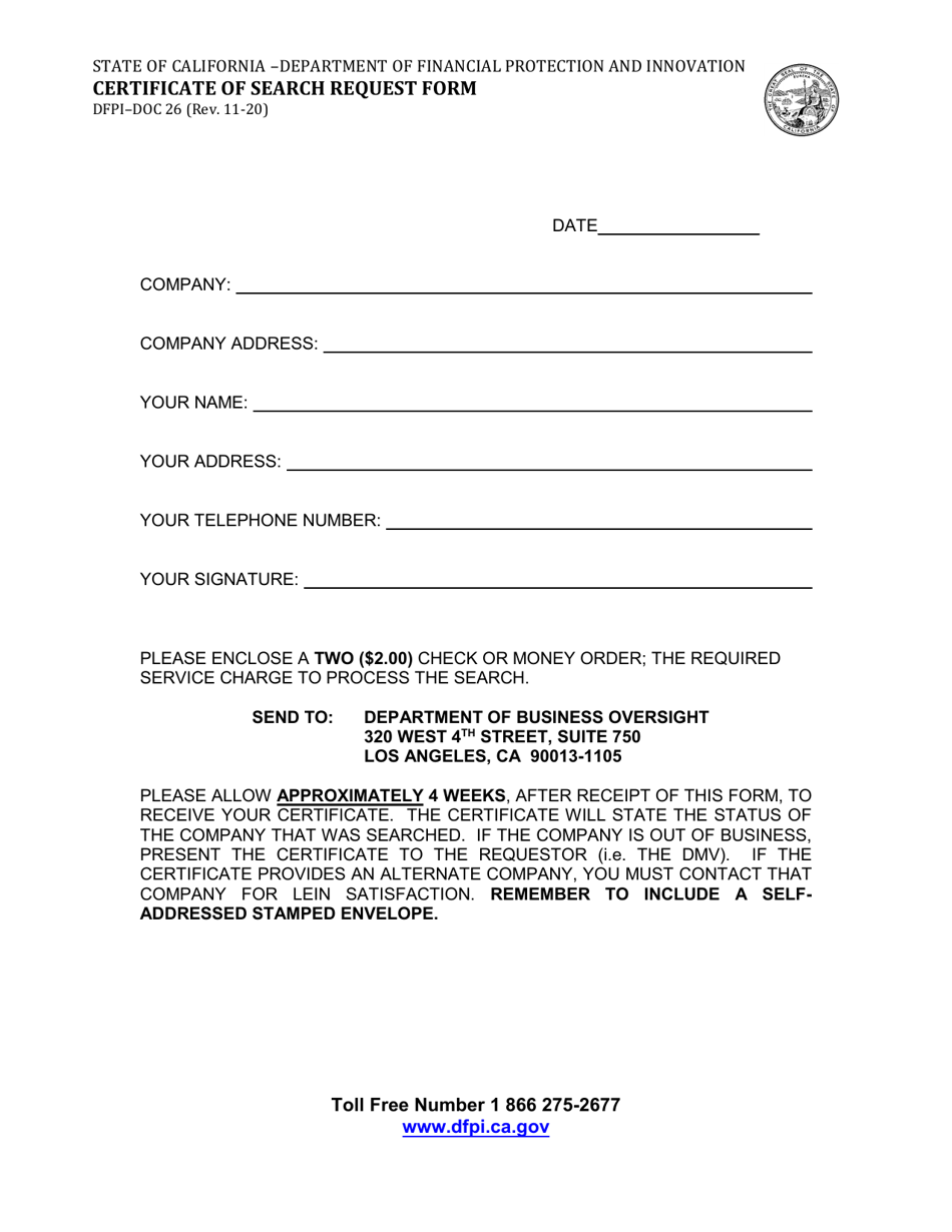 Form DFPI-DOC26 Certificate of Search Request Form - California, Page 1