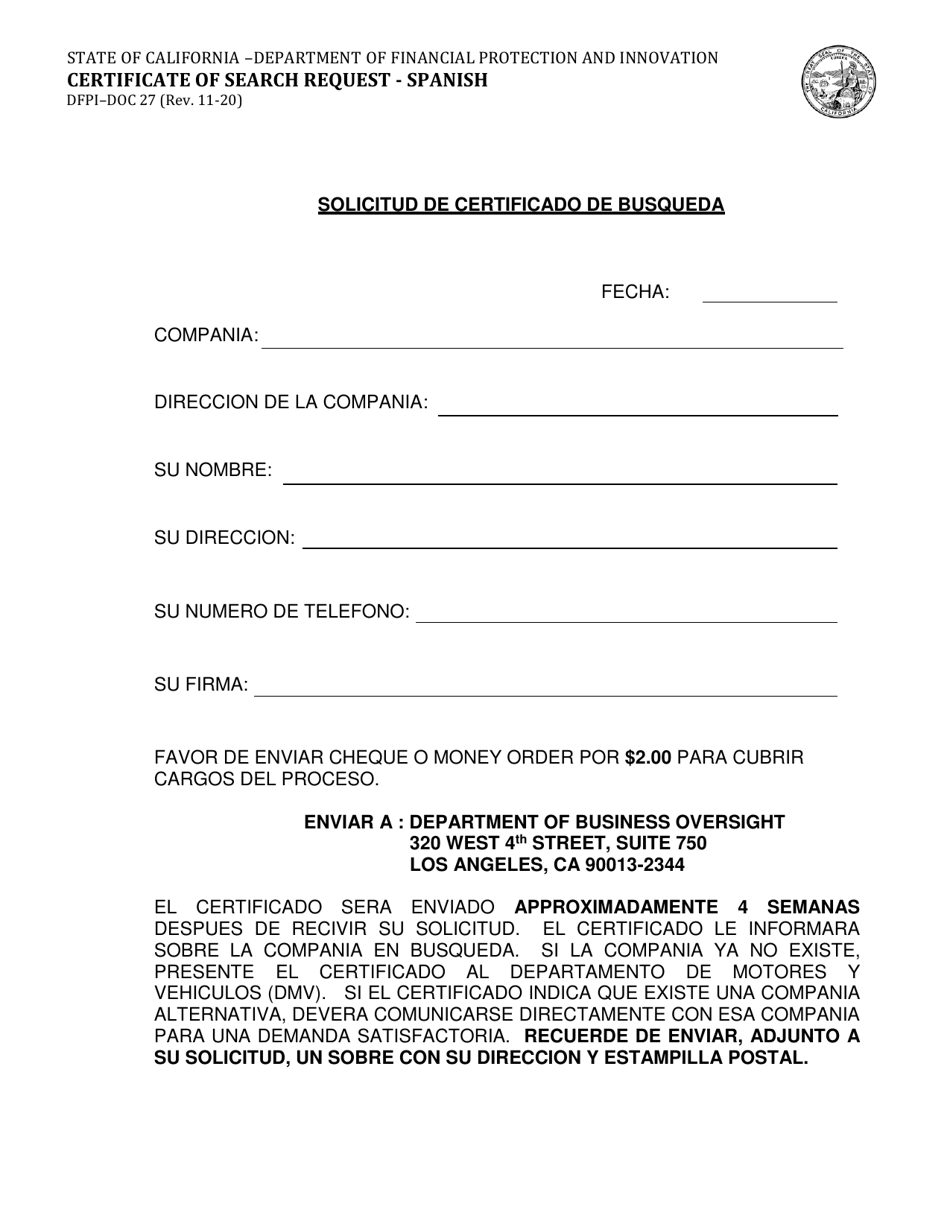 Formulario DFPI-DOC27 Solicitud De Certificado De Busqueda - California (Spanish), Page 1