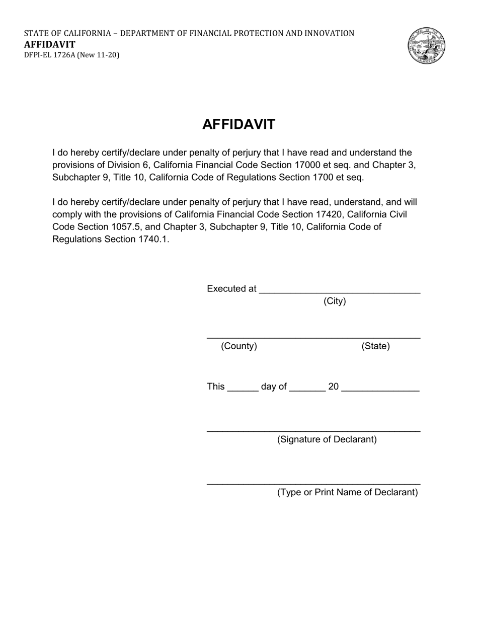 Form DFPI-EL1726A Affidavit - California, Page 1