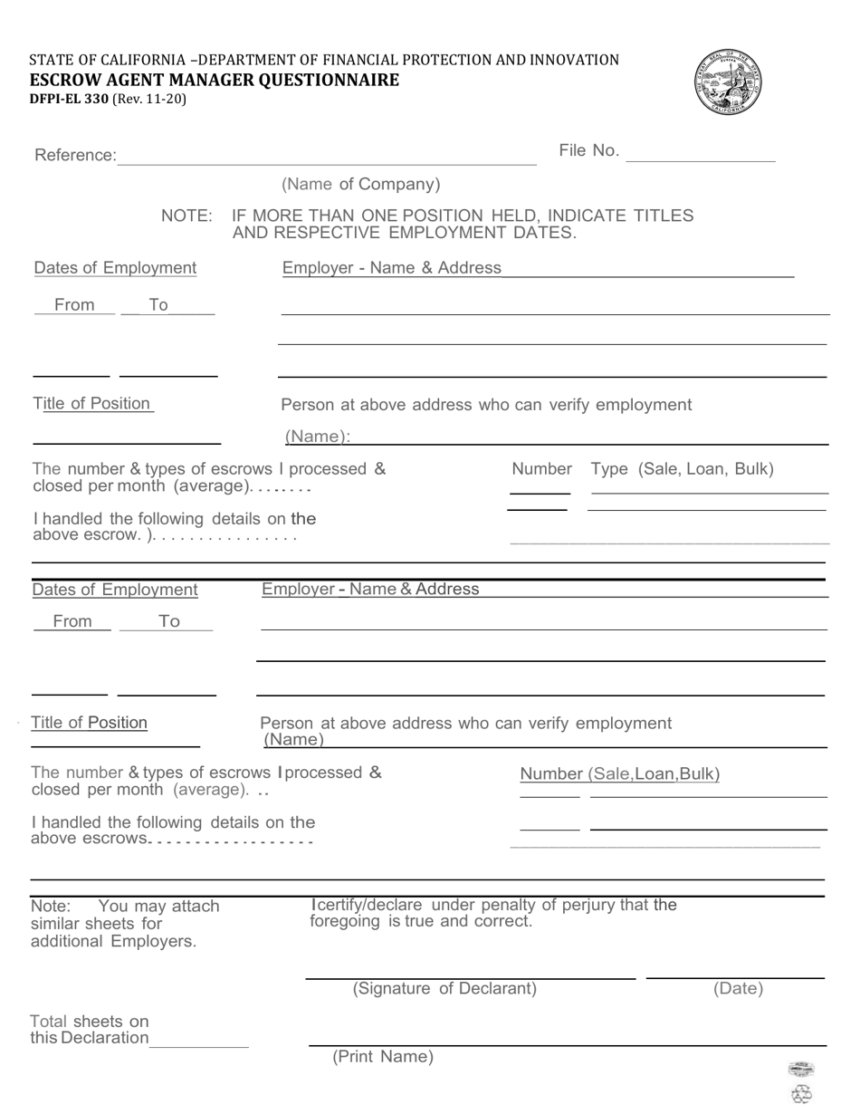 Form DFPI-EL330 Escrow Agent Manager Questionnaire - California, Page 1
