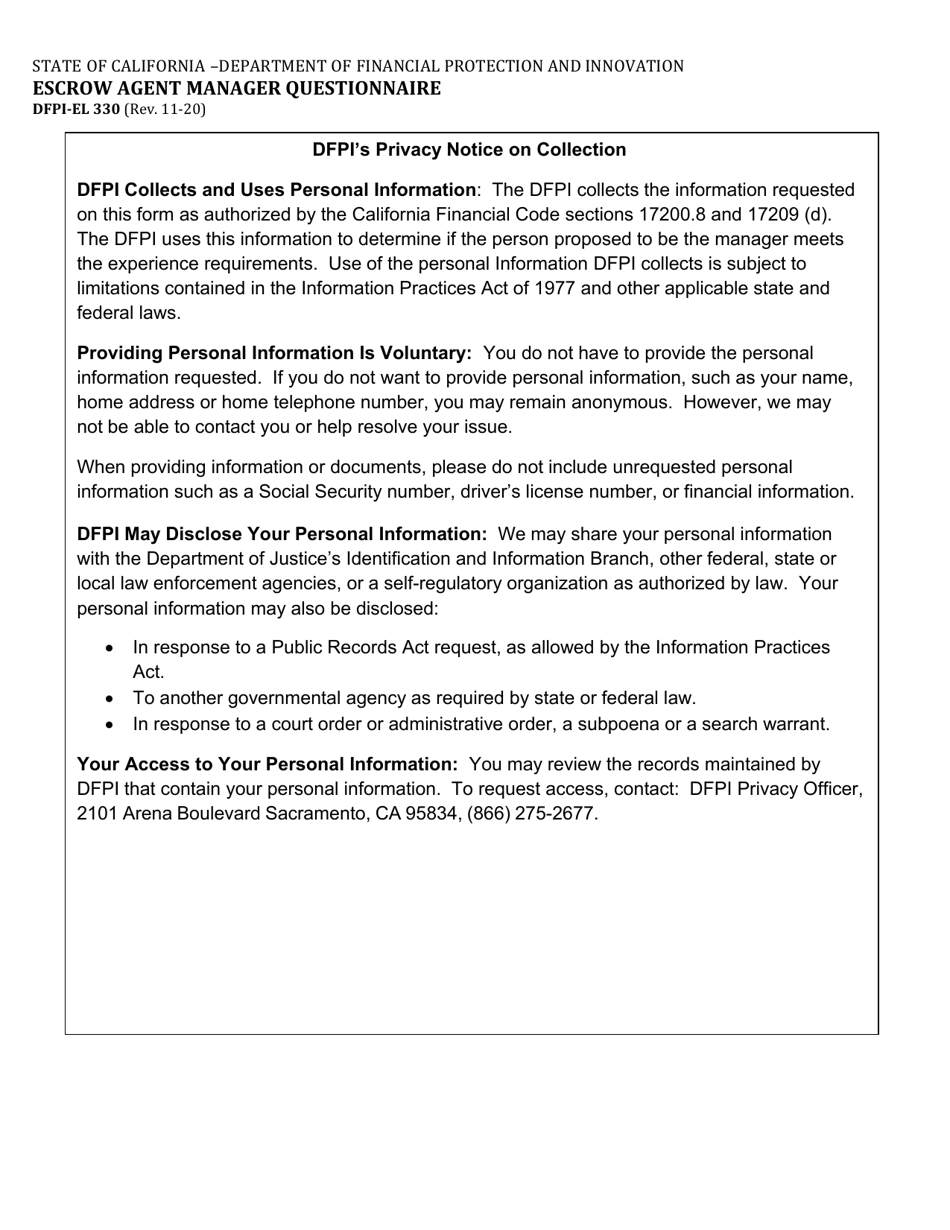Form DFPI-EL330 Escrow Agent Manager Questionnaire - California, Page 2