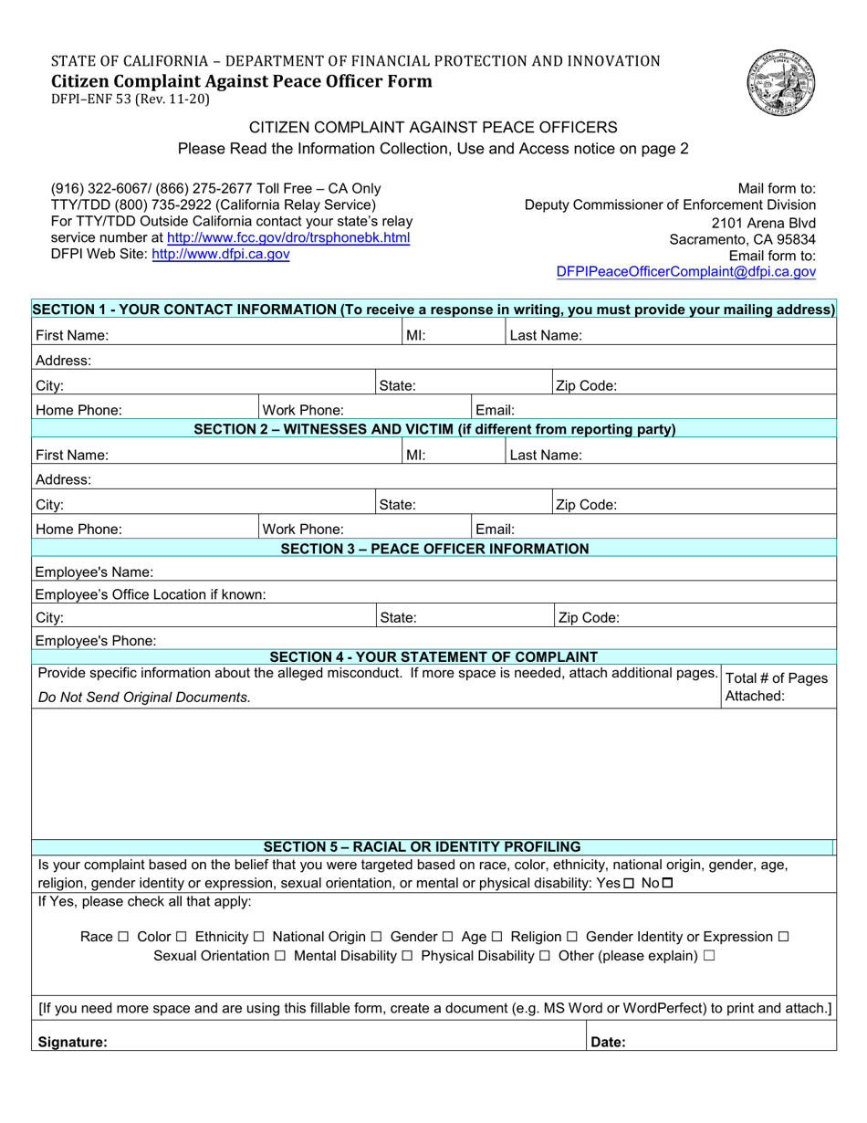 Form DFPI-ENF53 Citizen Complaint Against Peace Officer Form - California, Page 1