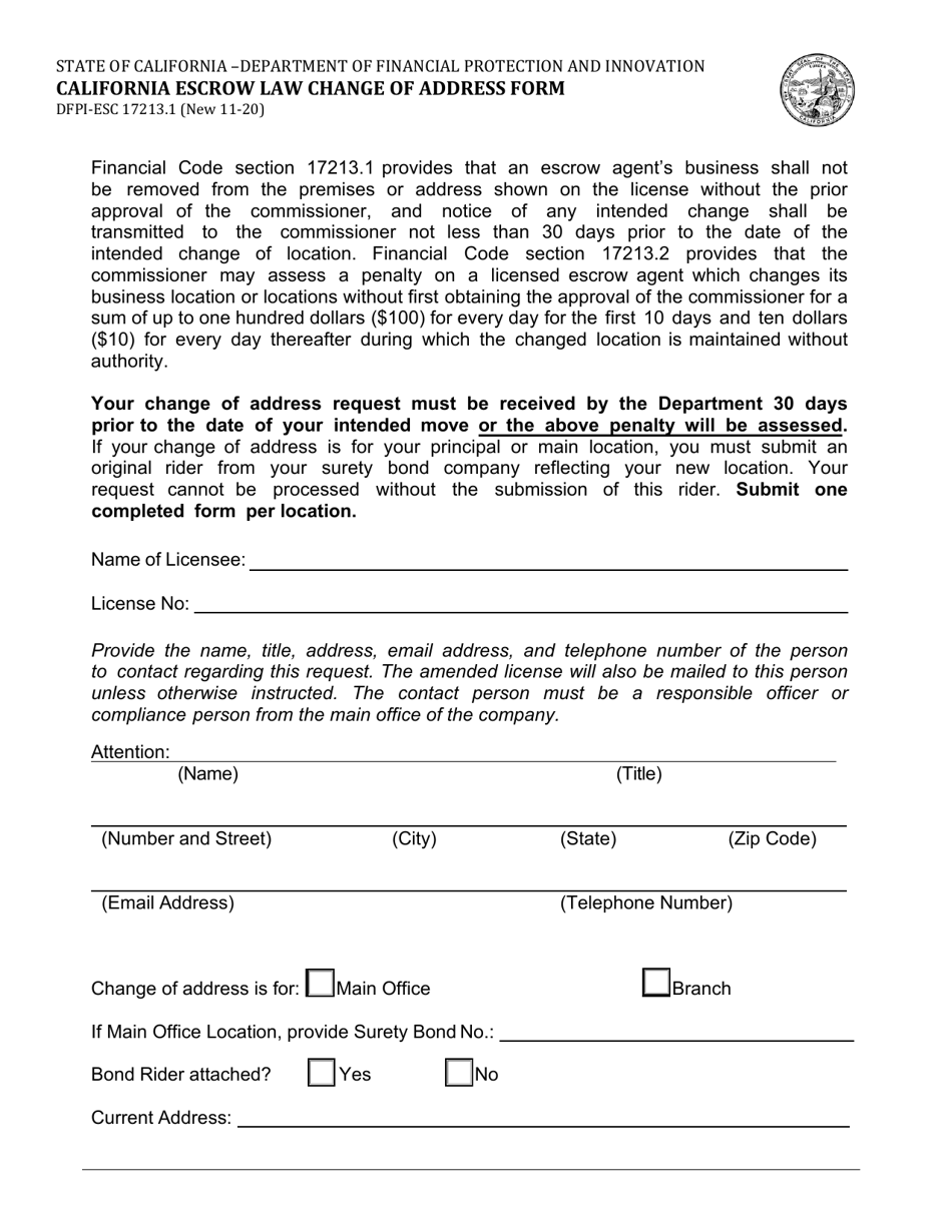 Form DFPI-ESC17213.1 California Escrow Law Change of Address Form - California, Page 1