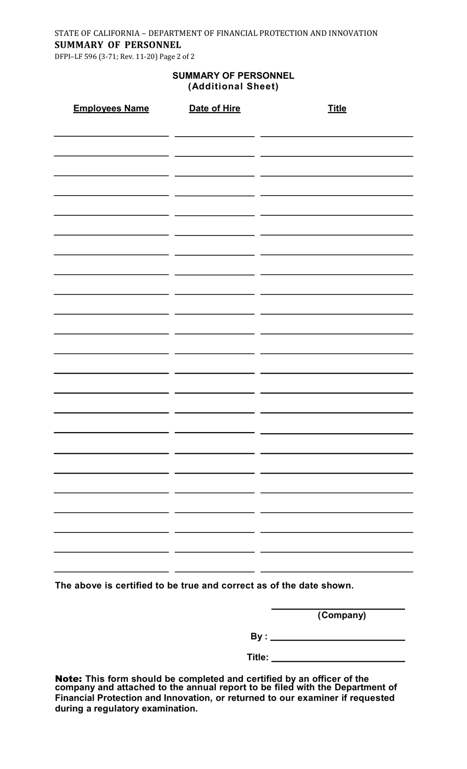Form DFPI-LF596 Summary of Personnel - California, Page 2