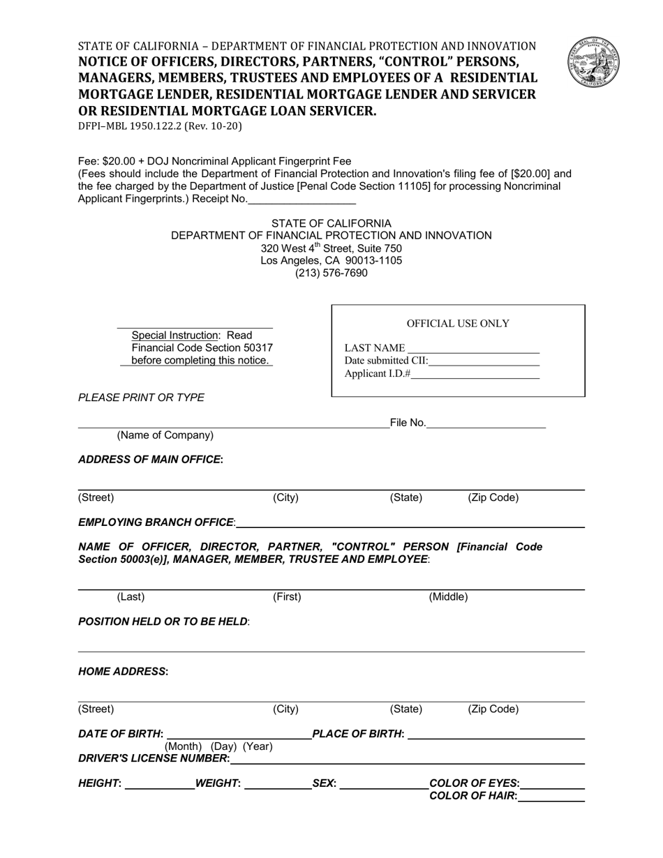 Form DFPI-MBL1950.122.2 Notice of Officers, Directors, Partners, control Persons, Managers, Members, Trustees and Employees of a Residential Mortgage Lender, Residential Mortgage Lender and Servicer or Residential Mortgage Loan Servicer - California, Page 1