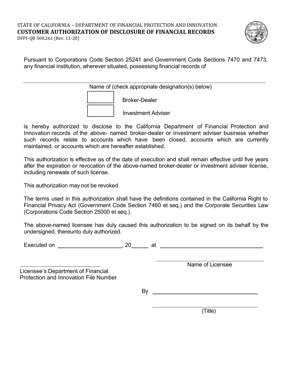 Form DFPI-QR500.261 Customer Authorization of Disclosure of Financial Records - California, Page 1
