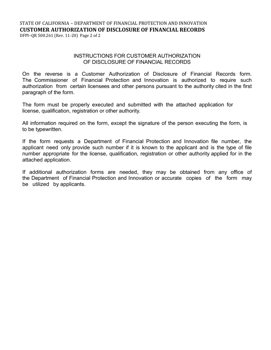 Form DFPI-QR500.261 Customer Authorization of Disclosure of Financial Records - California, Page 2
