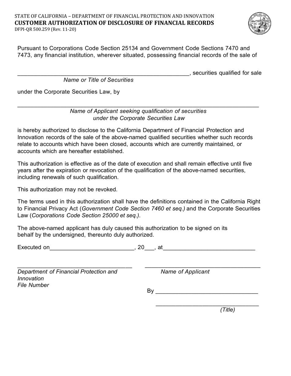 Form DFPI-QR500.259 Customer Authorization of Disclosure of Financial Records - California, Page 1
