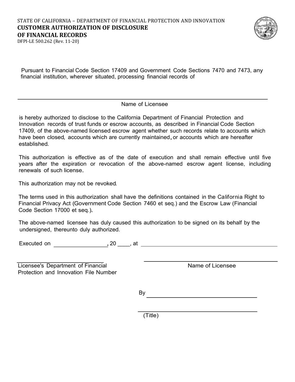 Form DFPI-LE500.262 Customer Authorization of Disclosure of Financial Records - California, Page 1