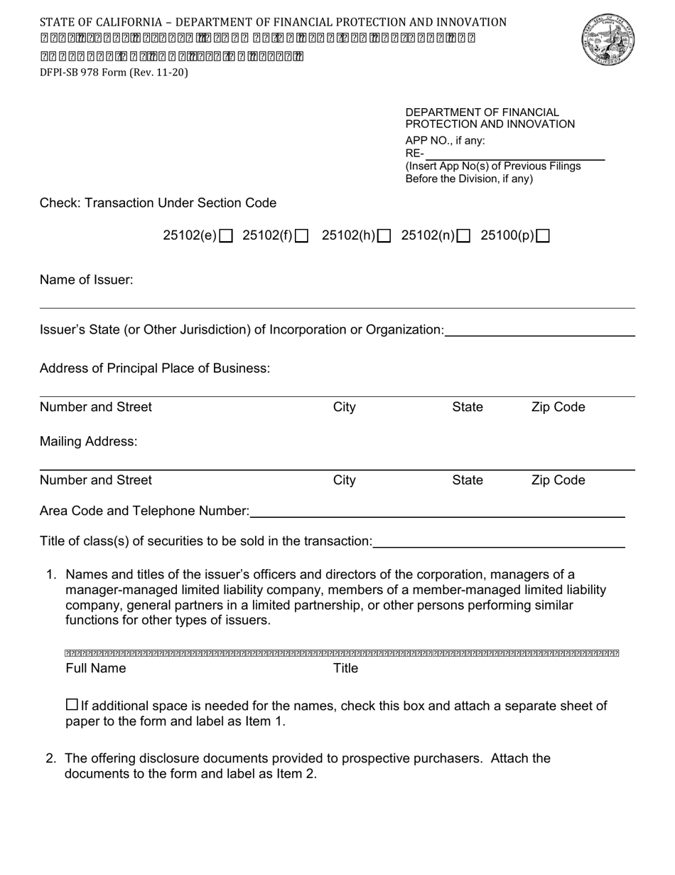 Form DFPI-SB978 Real Estate Related Information Required Pursuant to Corporations Code Section 25102.2 - California, Page 1