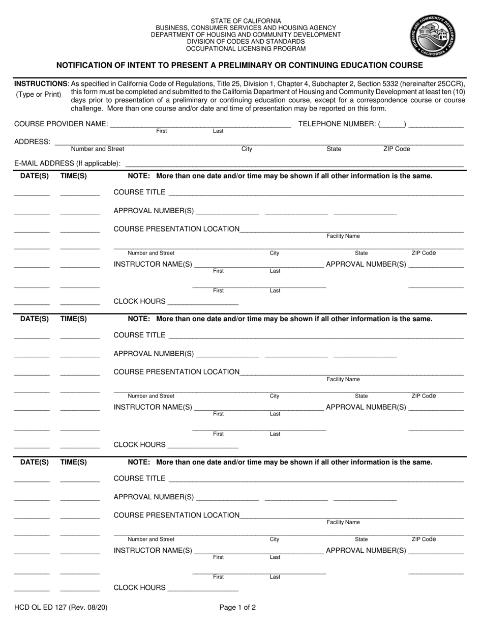 Form HCD OL ED127 Notification of Intent to Present a Preliminary or Continuing Education Course - California, Page 1