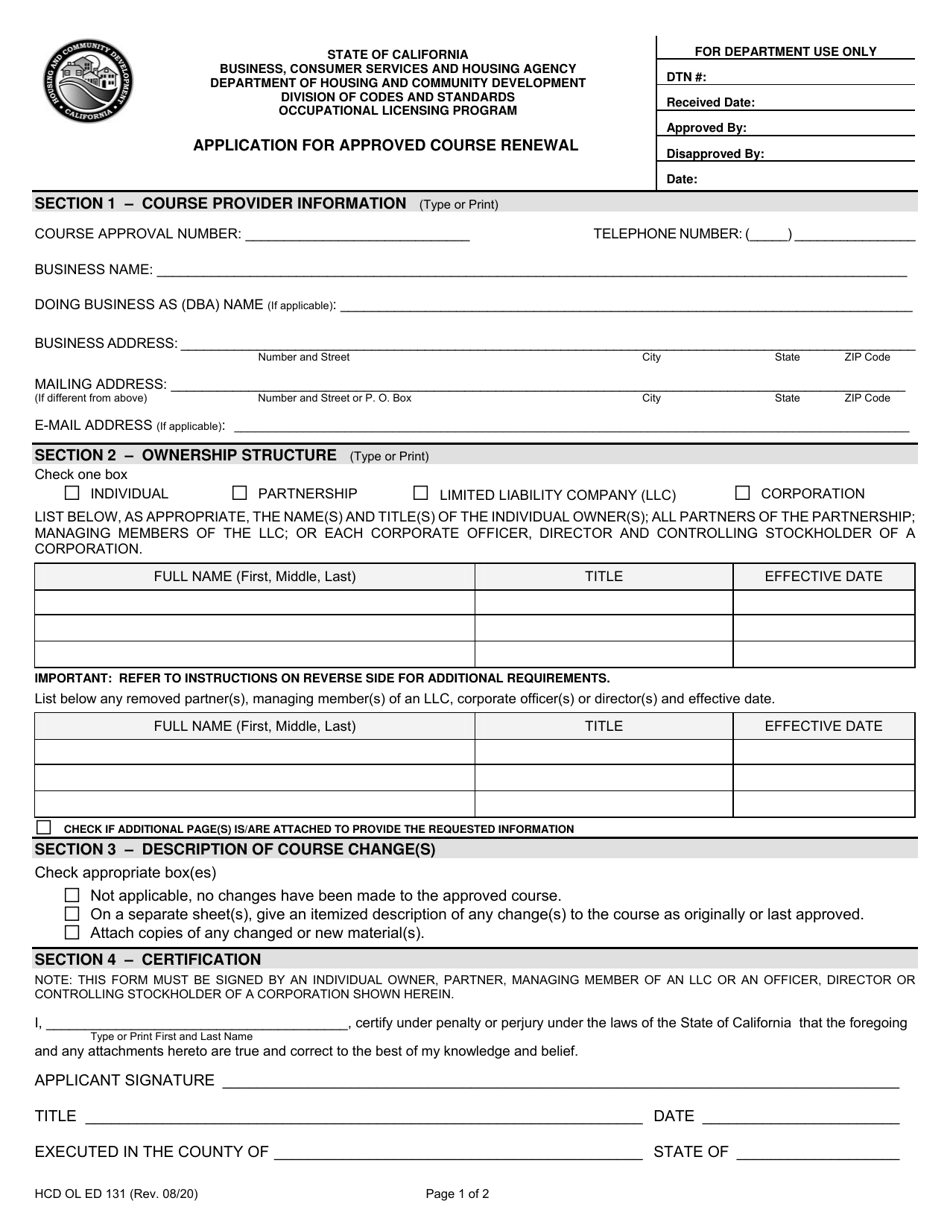 Form HCD OL ED131 Application for Approved Course Renewal - California, Page 1