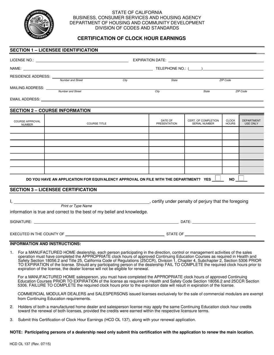 Form HCD OL137 Certification of Clock Hour Earnings - California, Page 1
