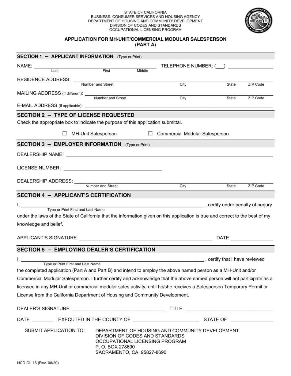Form HCD OL16 Part A Application for Mh-Unit / Commercial Modular Salesperson - California, Page 1