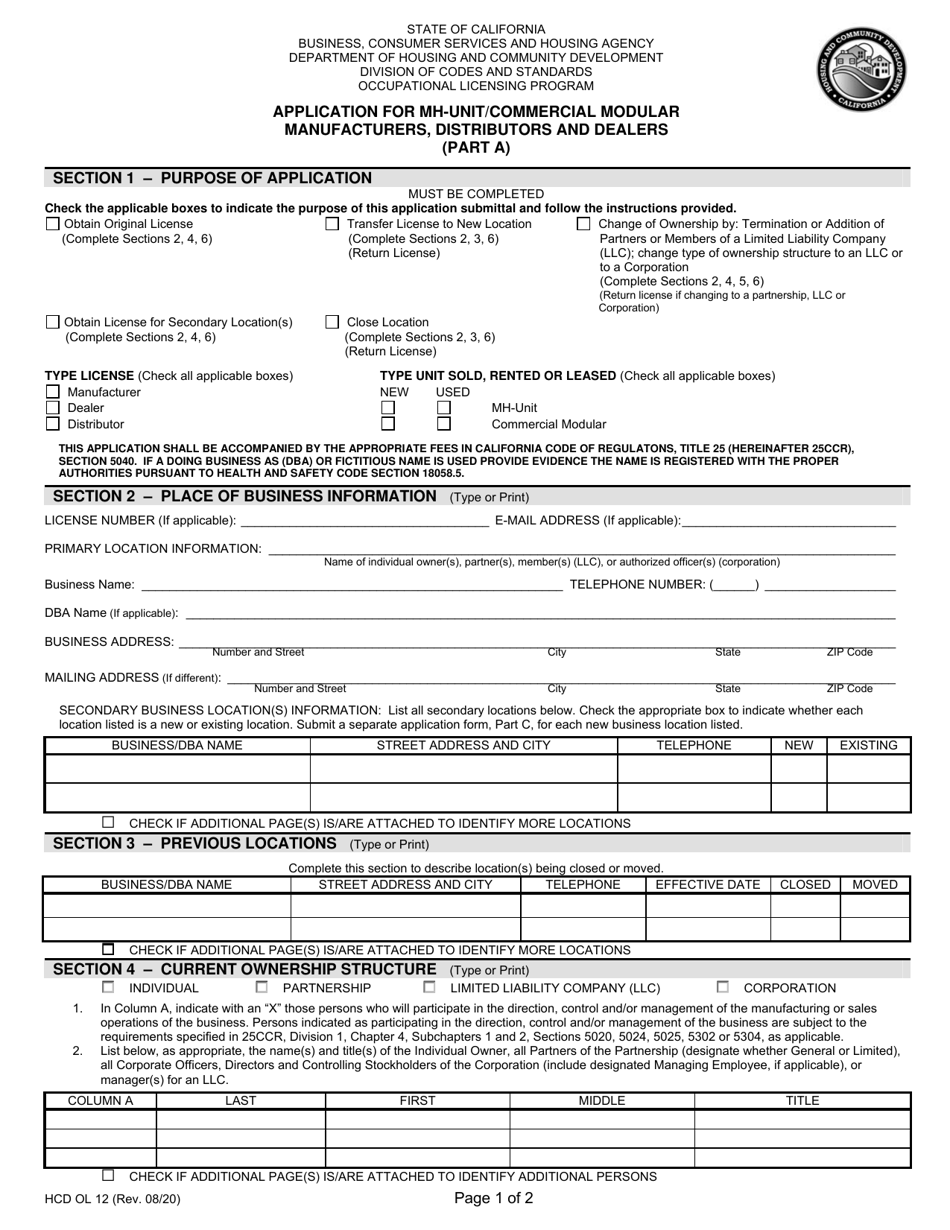 Form HCD OL12 Part A Application for Mh-Unit / Commercial Modular Manufacturers, Distributors and Dealers - California, Page 1