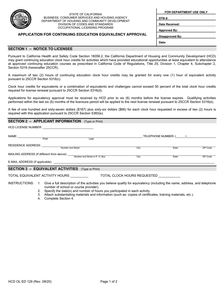 Form HCD OL ED129 Application for Continuing Education Equivalency Approval - California, Page 1
