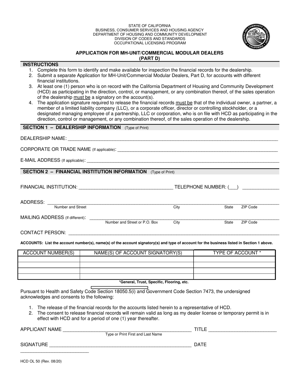 Form HCD OL50 Part D Application for Mh-Unit / Commercial Modular Dealers - California, Page 1