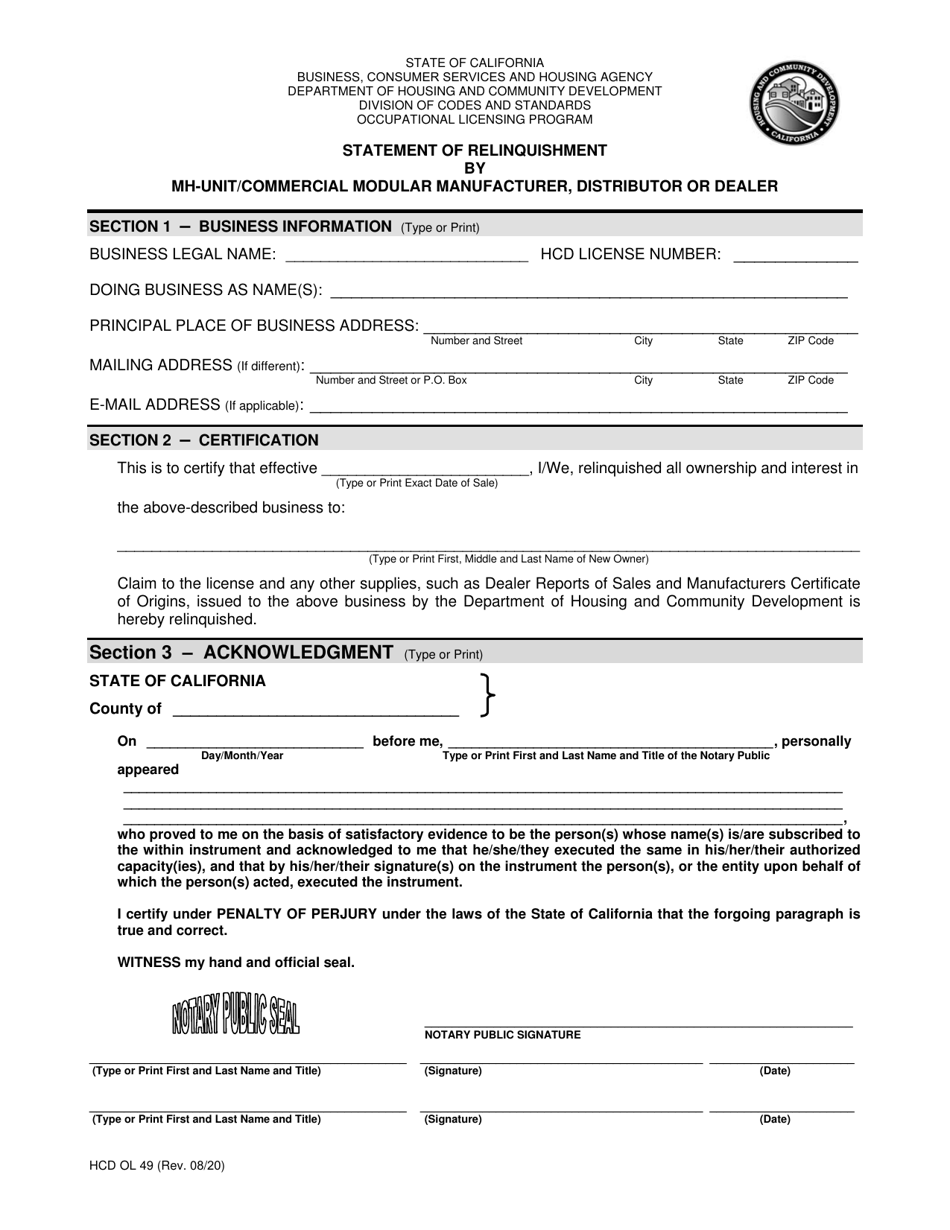 Form HCD OL49 Statement of Relinquishment by Mh-Unit / Commercial Modular Manufacturer, Distributor or Dealer - California, Page 1