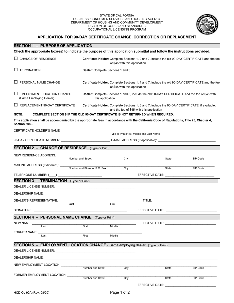 Form HCD OL90A Application for 90-day Certificate Change, Correction or Replacement - California, Page 1