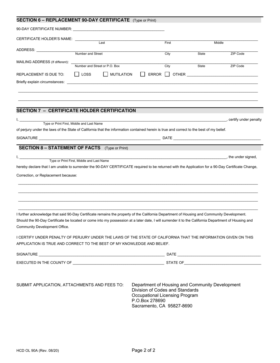 Form HCD OL90A Download Printable PDF or Fill Online Application for 90 ...