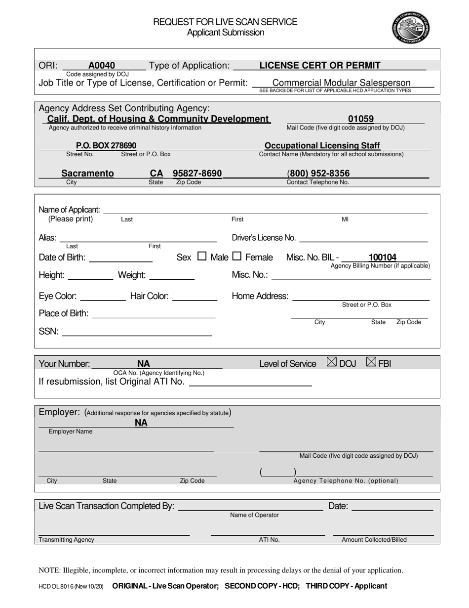 Form HCD OL8016 CM SP Download Printable PDF or Fill Online Request for ...