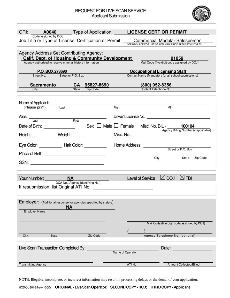 Form HCD OL8016 CM SP Request for Live Scan Service - Commercial Modular Salesperson - California, Page 1