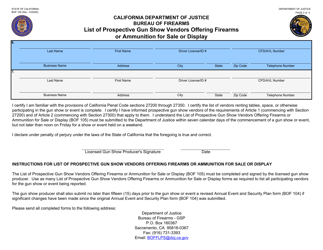 Form BOF105 List of Prospective Gun Show Vendors Offering Firearms or Ammuniton for Sale or Display - California, Page 2