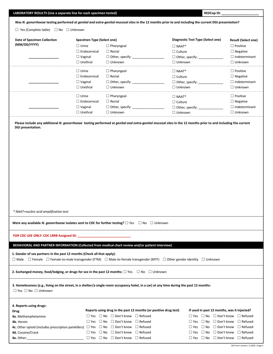 Disseminated Gonococcal Infection Case Report Form, Page 5