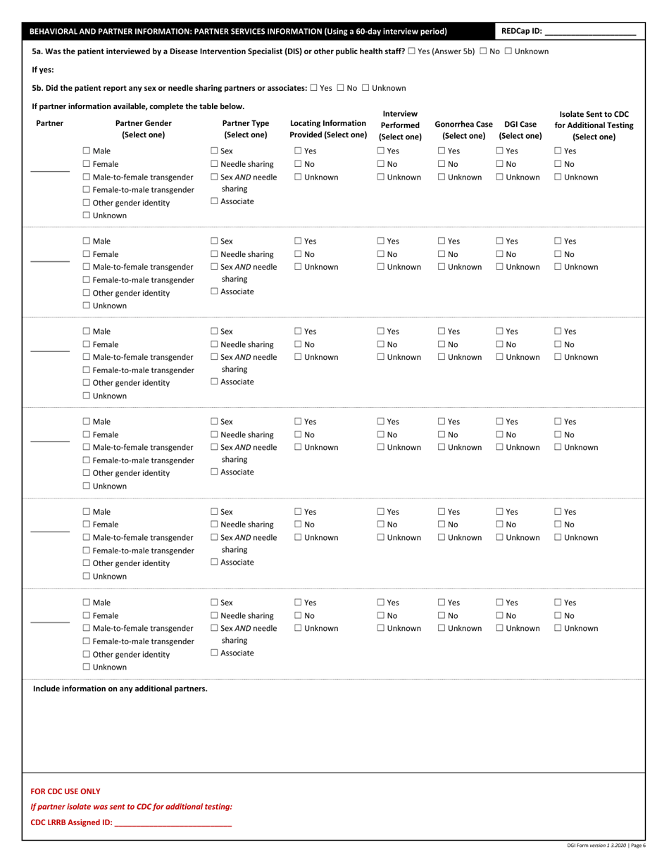 Disseminated Gonococcal Infection Case Report Form, Page 6