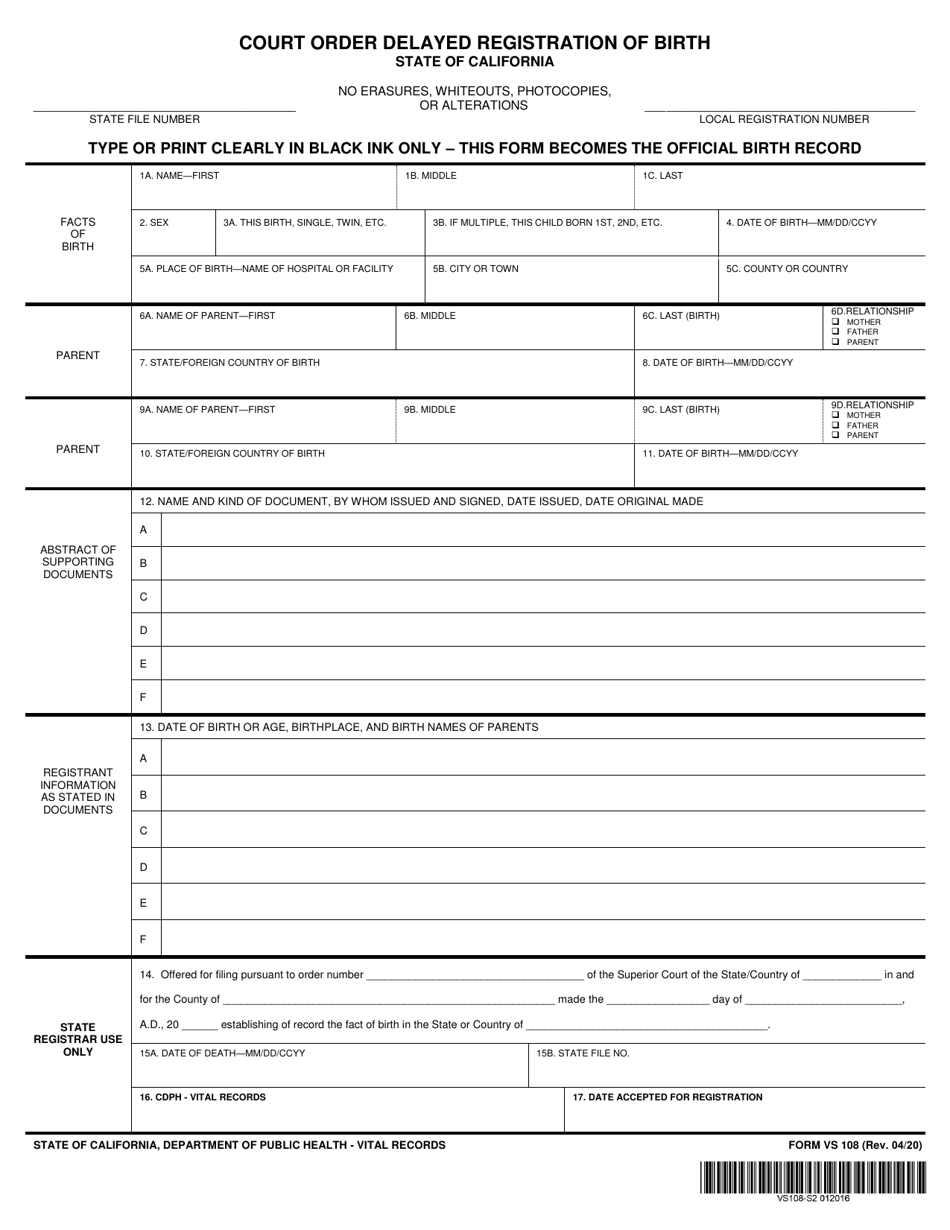 Form VS108 Order Establishing Fact of Birth - California, Page 2