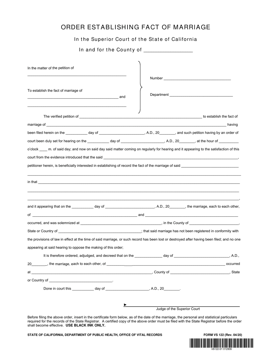 Form VS122 Order Establishing Fact of Marriage - California, Page 1