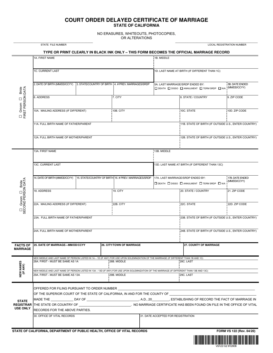 Form VS122 Order Establishing Fact of Marriage - California, Page 2