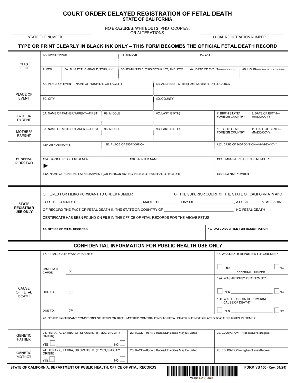 Form VS105 Order Establishing Fact of Fetal Death - California, Page 2
