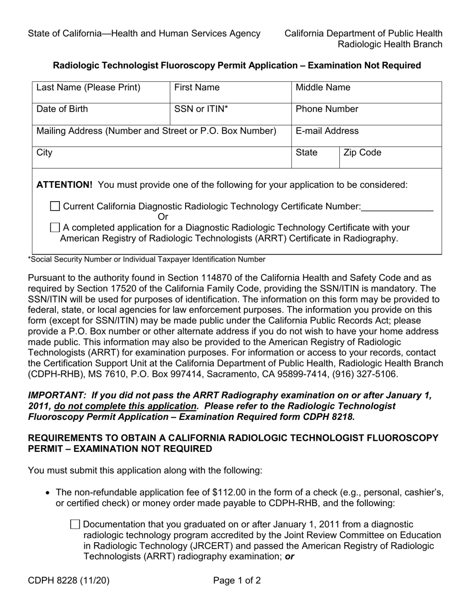 Form CDPH8228 Radiologic Technologist Fluoroscopy Permit Application - Examination Not Required - California, Page 1