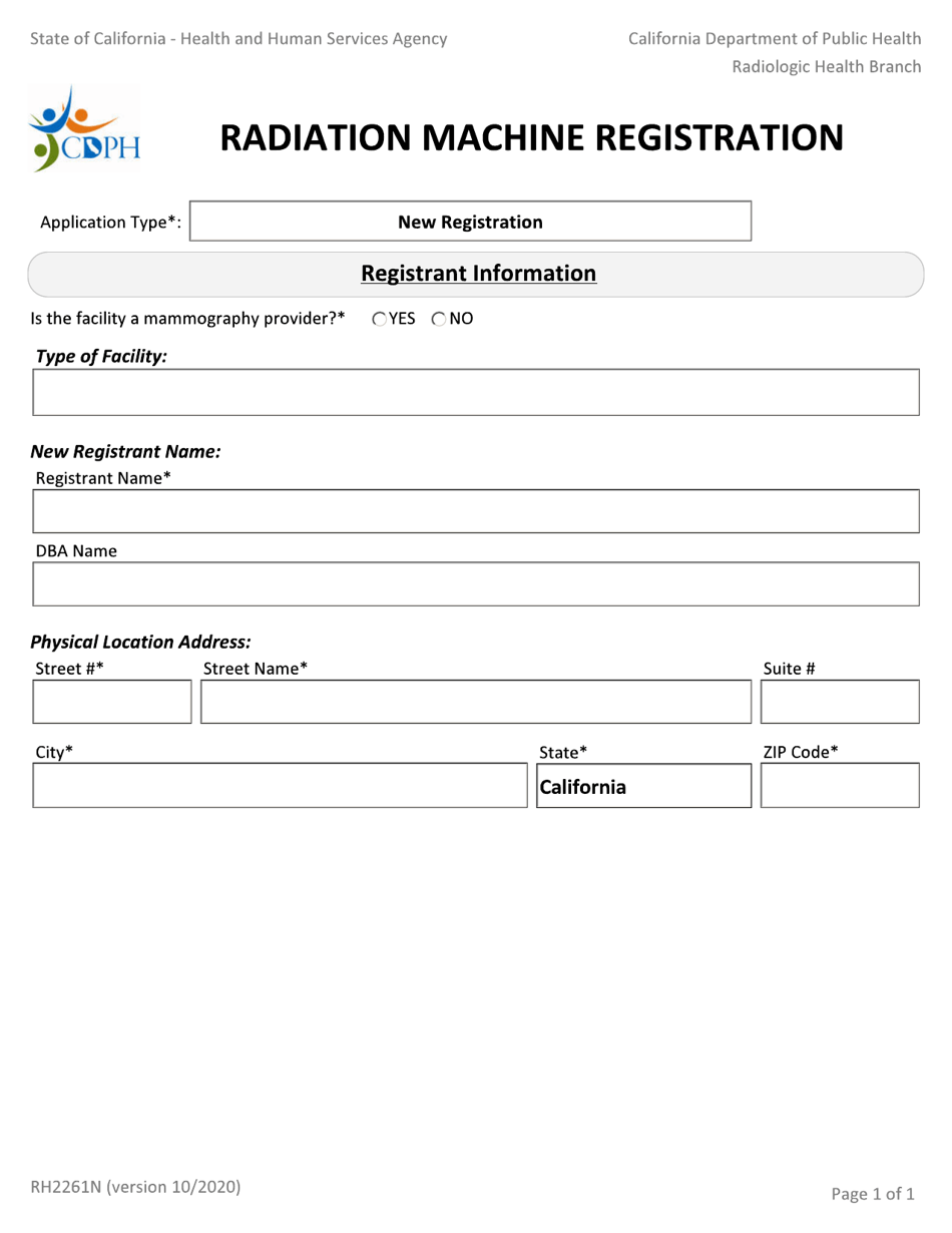 Form RH2261 Radiation Machine Registration - California, Page 1