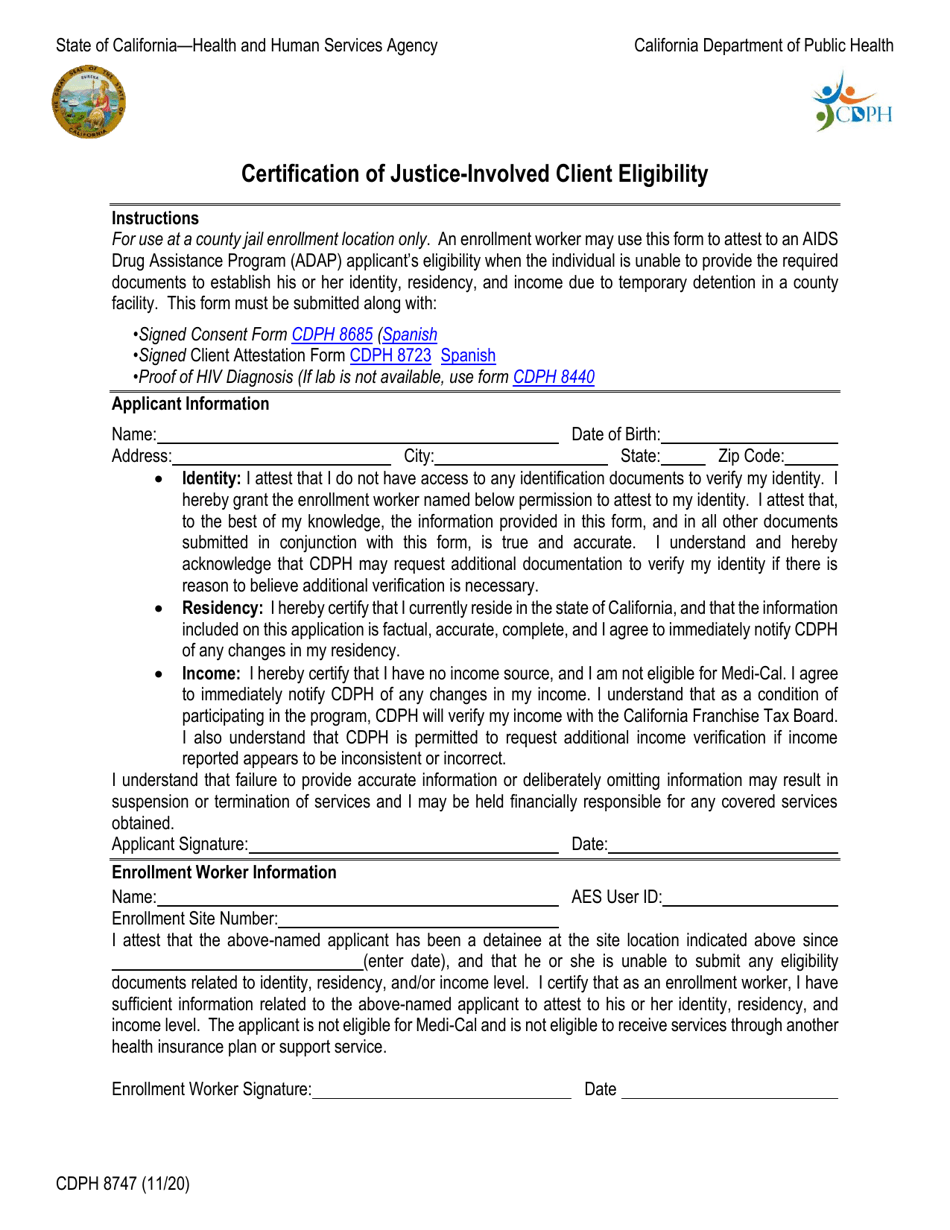 Form CDPH8747 Certification of Justice-Involved Client Eligibility - California, Page 1