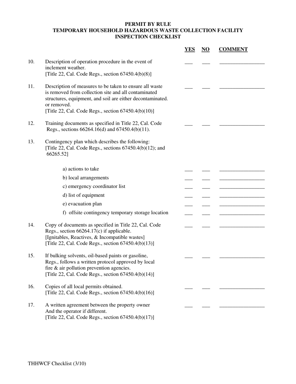 Permit by Rule Temporary Household Hazardous Waste Collection Facilities Inspection Checklist - California, Page 3