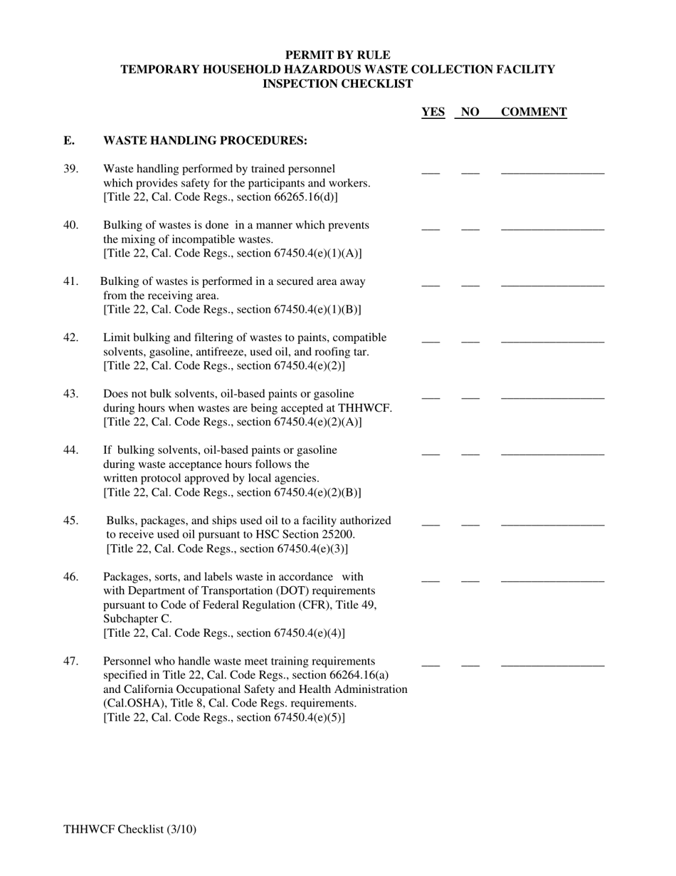 Permit by Rule Temporary Household Hazardous Waste Collection Facilities Inspection Checklist - California, Page 6