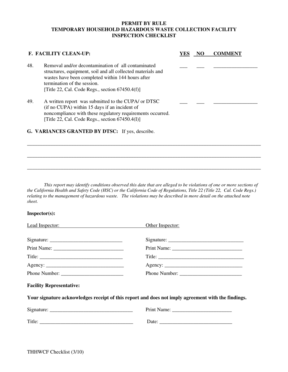 Permit by Rule Temporary Household Hazardous Waste Collection Facilities Inspection Checklist - California, Page 7