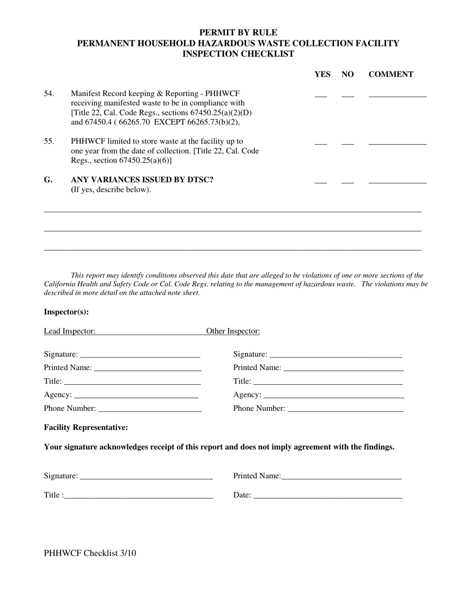 Permit by Rule Permanent Household Hazardous Waste Collection Facility Inspection Checklist - California, Page 10