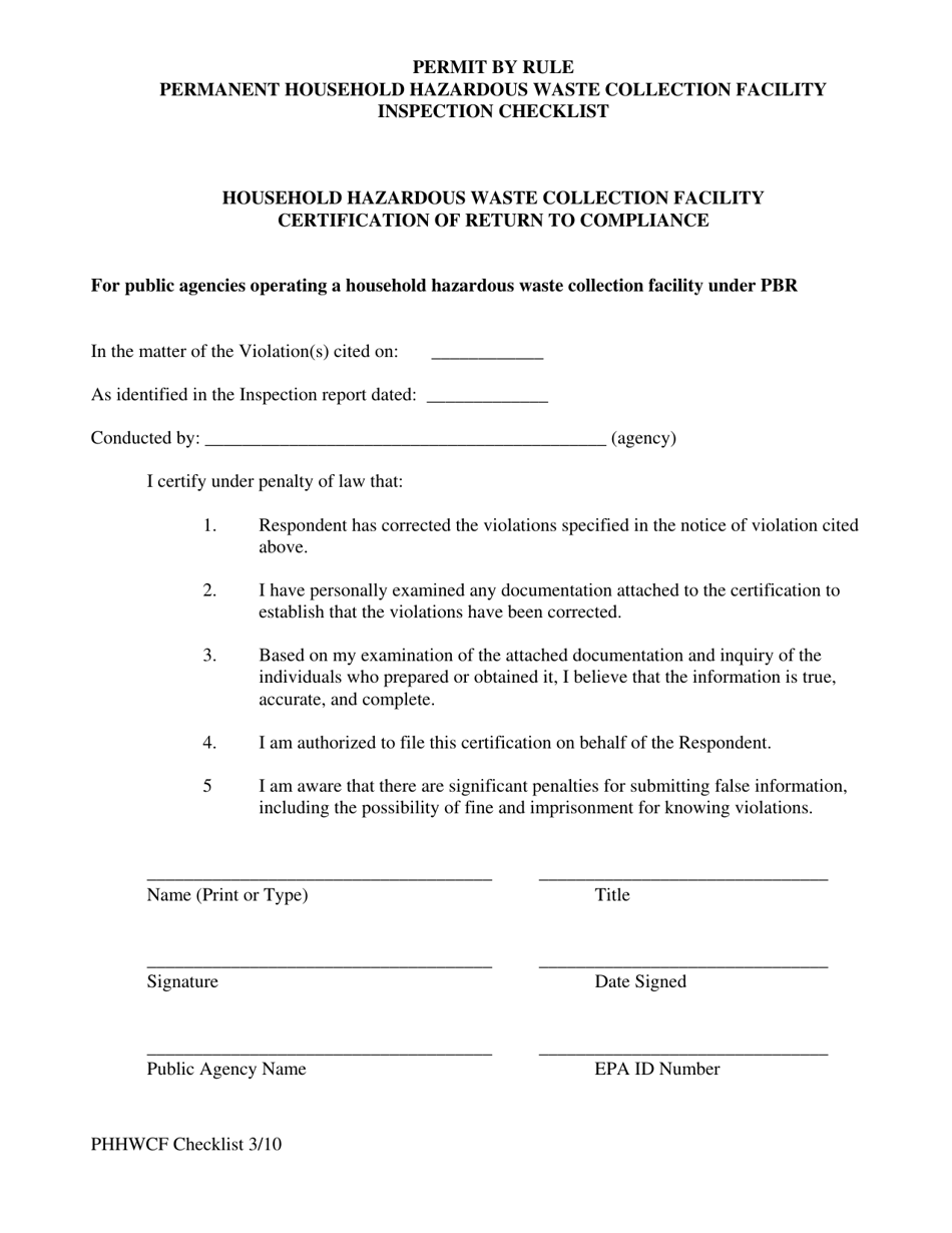 California Permit By Rule Permanent Household Hazardous Waste