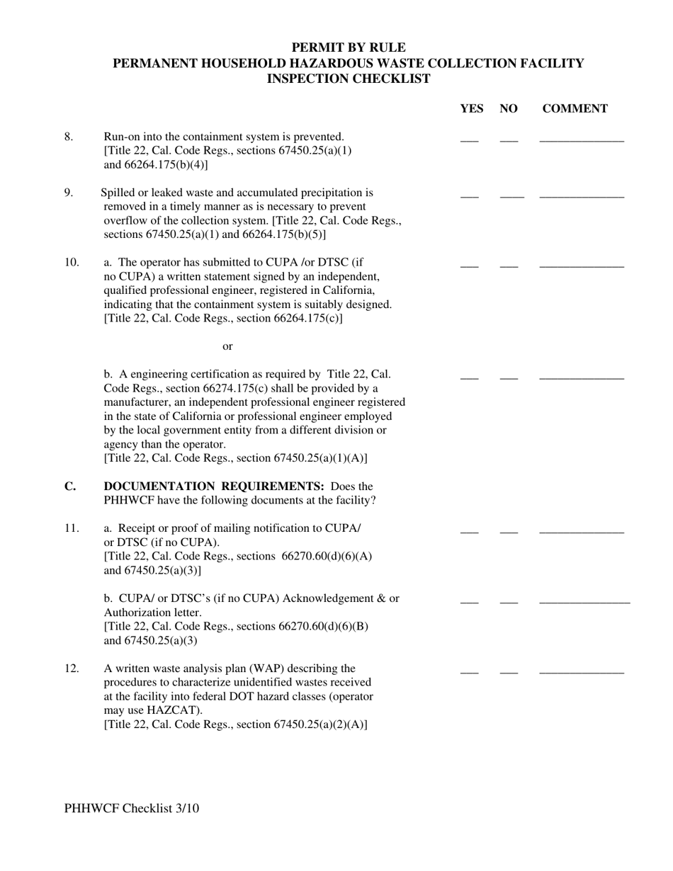 Permit by Rule Permanent Household Hazardous Waste Collection Facility Inspection Checklist - California, Page 3